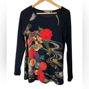 Soft Surroundings Blouse Tunic Size M Oriental Floral Black Long Sleeves